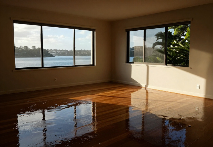 Flooded living room in Minto before restoration